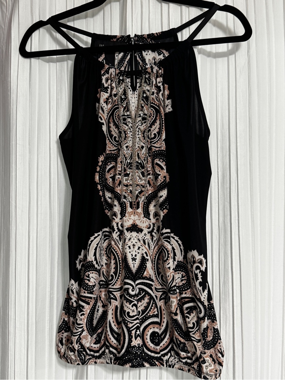 INC International Concepts Black and Beige Embellished Paisley Top